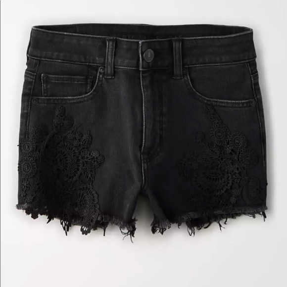 AE High Waisted Denim Short Short Black Lace - Picture 4 of 9